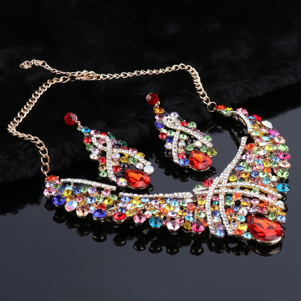 Luxury Full Rhinestones Crystal Necklace and Earrings Statement African Bridal Jewelry Sets with Gift Boxes | Украшения и