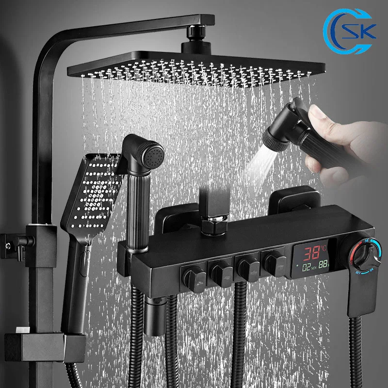 

Black Digital Display Thermostatic Bathroom Shower Set Household Rain Shower ABS Shower Head Tap Water Flow Produces Electricity
