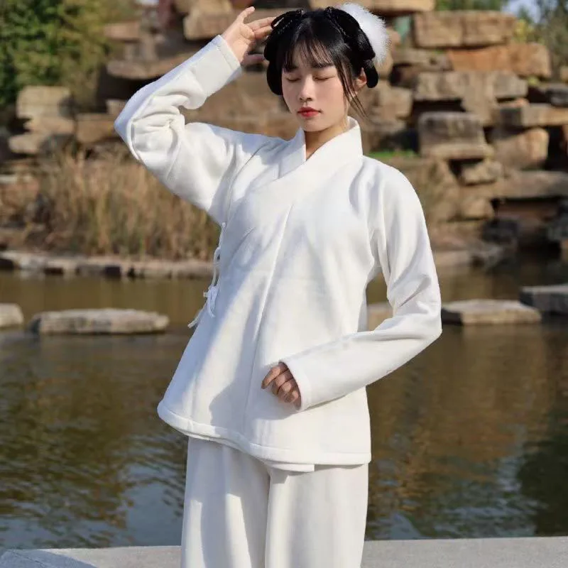 Фото Бархатные женские и мужские топы и брюки Hanfu для пар, одинаковые костюмы унисекс для взрослых, белая утолщенная внутренняя одежда, утепленная теплая одежда для сна №3