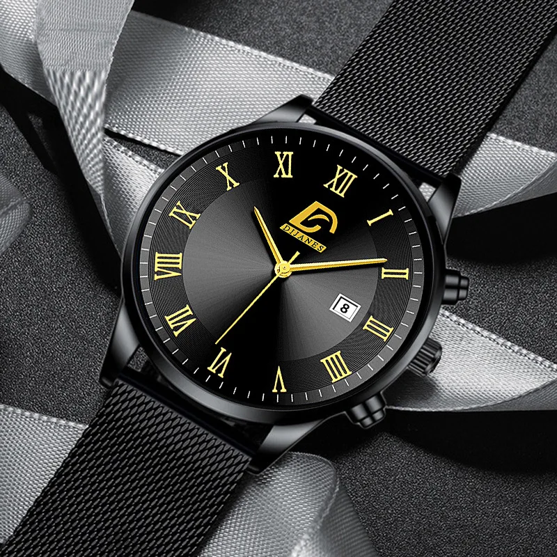 

Новые модные мужские кварцевые часы DIJANES с календарем и сетчатым ремешком, мужские деловые часы с кожаным ремешком