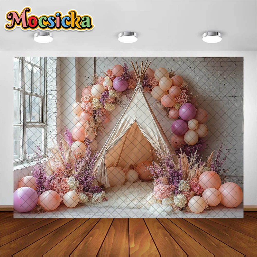 Фото Bohemian Photography Background Colorful Balloon Tent Decoration NeWborn Baby Shower Cake Smash Background Studio Props Banner №4