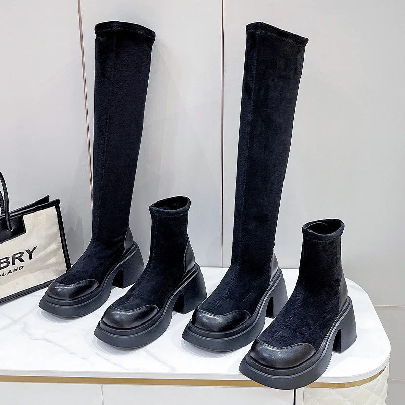 Chelsea Chunky Mid Heels Warm Women Boots Winter Casual Knee High Women Shoes Pumps Platform Motorcycle Long Cotton Botas 2022