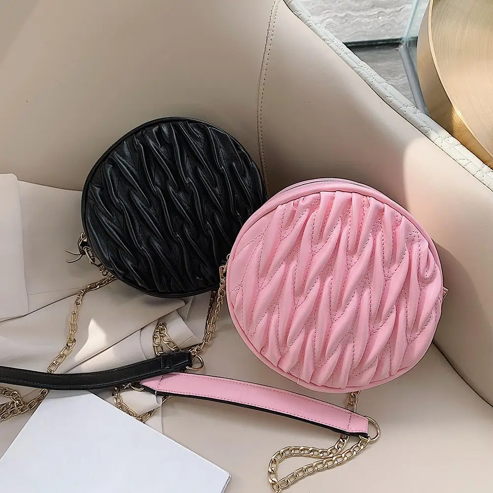 

Hot Sale Shoulder Bags Solid Color Round Messenger Women Leather Pleated Mini Zip Purse Design Female for Shopping Travel Party