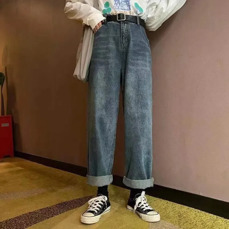 

Джинсы женские оверсайз, дизайнерские прямые в стиле High Street, в Корейском стиле, с завышенной талией, свободные брюки с широкими штанинами в стиле ретро, уличная одежда на осень