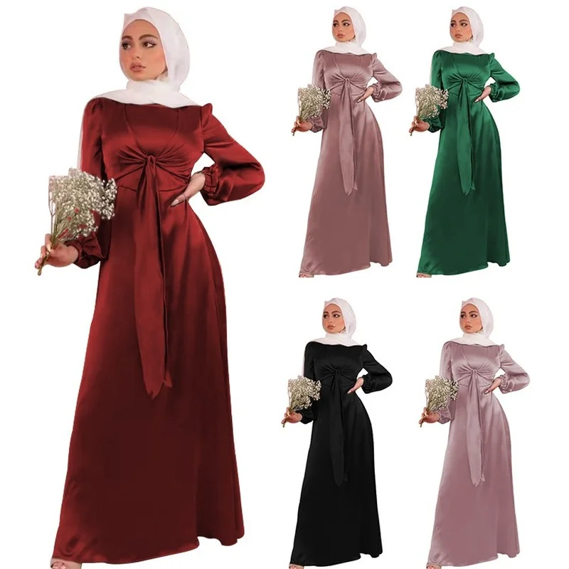 

Eid Women Muslim Dresses Elegant Satin Maxi Dress Solid Middle East Belted Lace-up Kaftan Marocan Caftan Turkish Abaya Clothing