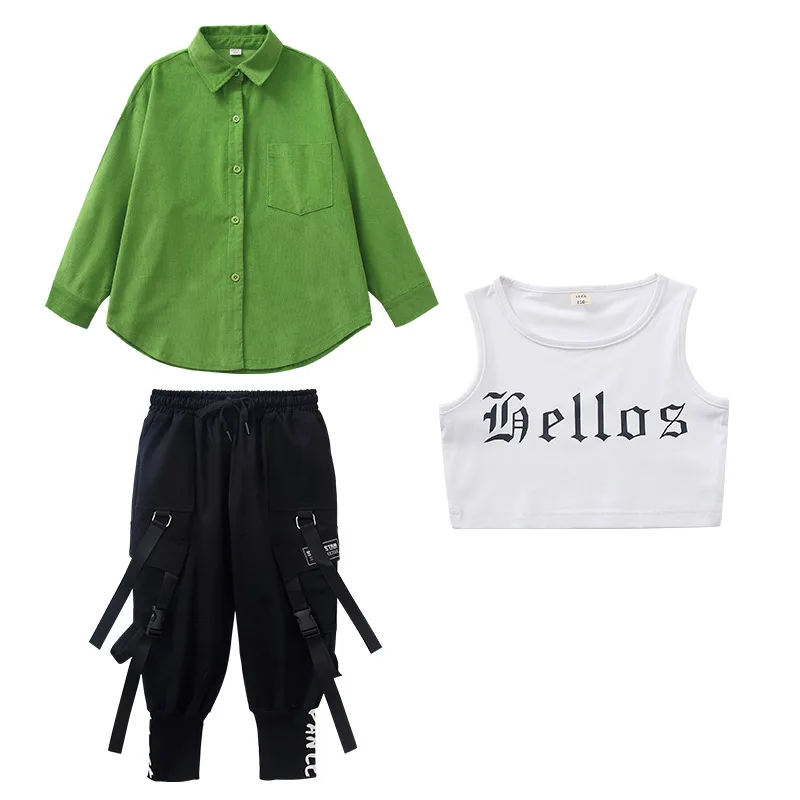 Kid Kpop Hip Hop Clothing Green Shirt Casual Streetwear Cargo Jogger Sweat Harem Pants for Girl Boy Jazz Dance Costume Clothes