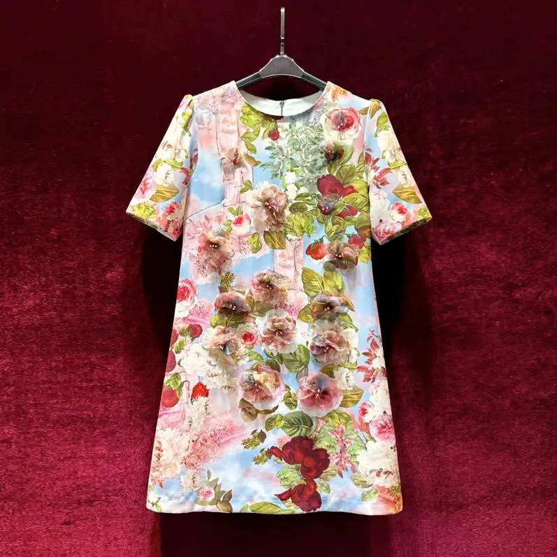 European and American women's dress 2023 summer new style Round neck short sleeve applique beading fashion Floral print dress
