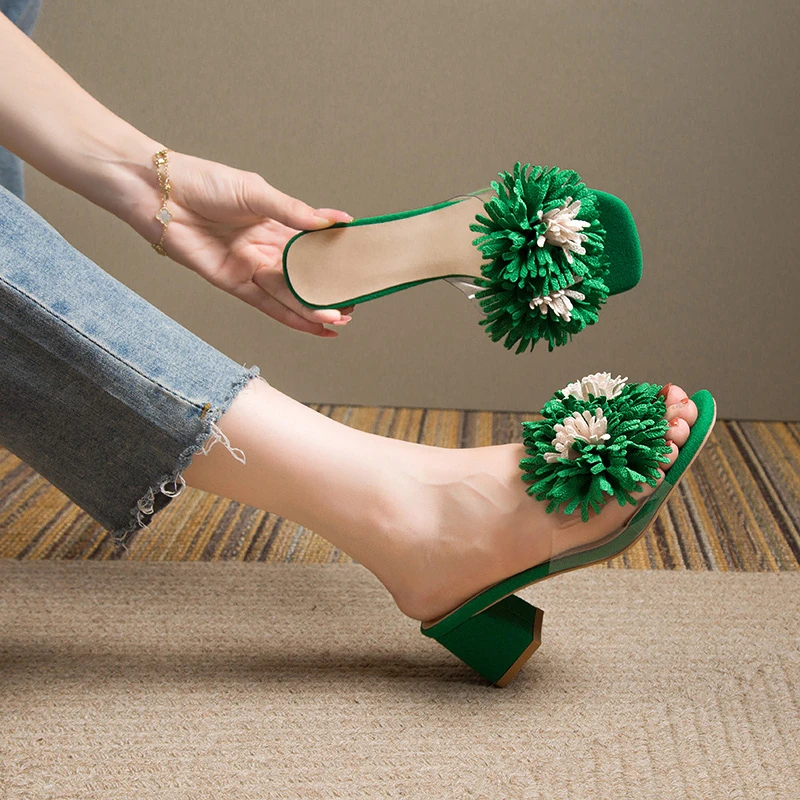 

2023 Summer New Large Flower Thick Heel Casual Wear High Heel Sandals Women Transparent Sexy Square Open-toe Women's Shoes