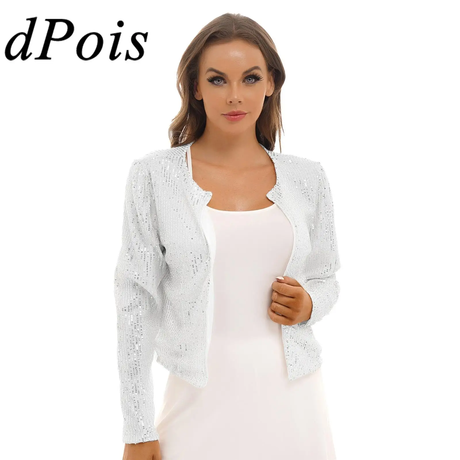 

Womens Fashion Sparkling Sequins Jacket Shrug Cover Ups Long Sleeve Bolero for Cocktail Party Coat Music Festival Clubwear