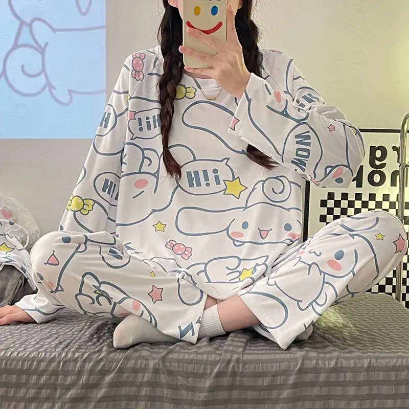

Kawaii Sanrios Cinnamoroll пижамные комплекты весна-осень мультфильм хлопок одежда для сна Аниме пижамы для женщин белый