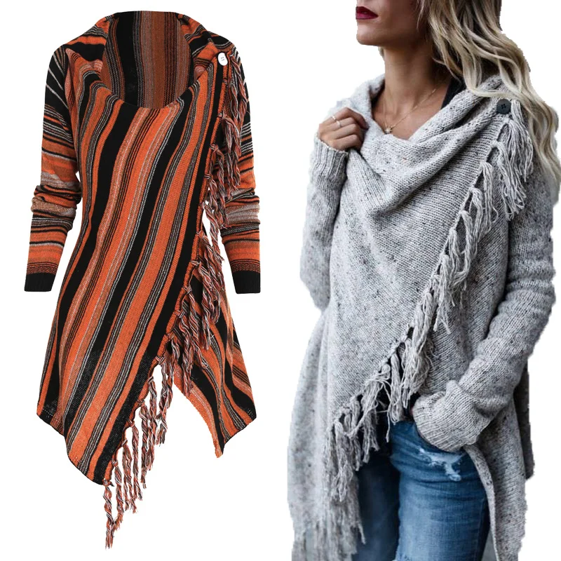 

Женский кардиган в полоску, повседневный шерстяной кардиган с длинным рукавом и открытым воротником спереди, акриловый свитер с бахромой, о...