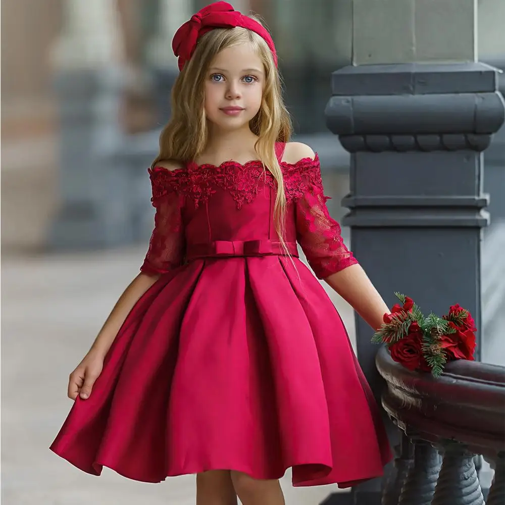 

2023 Lace Sling Sleeve Satin Tutu Gown Baby Girls Dress Elegant Princess Party Teenage Girl Wedding Dress