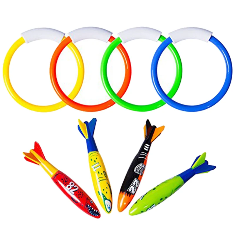 

8 Pcs Underwater Swimming Pool Diving Rings, Diving Throw Torpedo Bandits Toys For Kids Gift Set. Training Dive Toys For Learnin