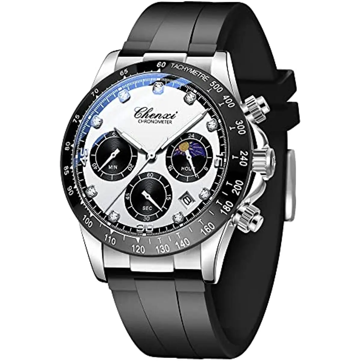 

Fashion Silver White Men Casual Watches Chronograph Rubber Strap Luxury Top Brand Business Sport Quartz Wristwatch for Men