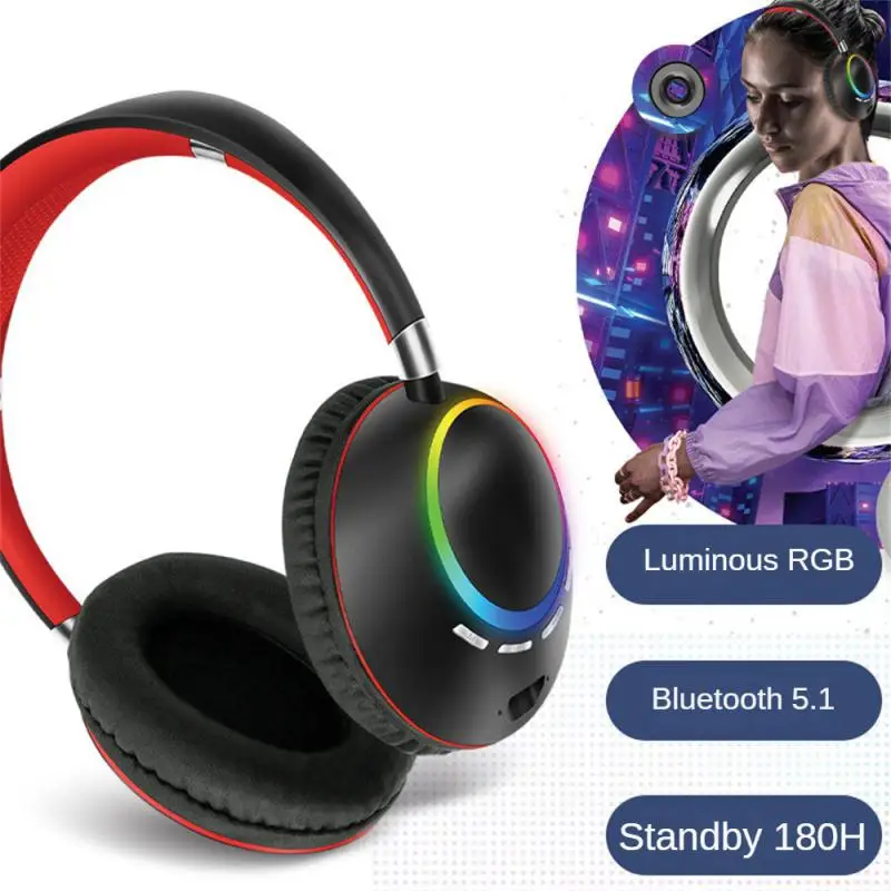 AKZ-K55 RGB Luminous Bluetooth-compatible Headset Foldable Over-head Wireless Headphone Support TF Card