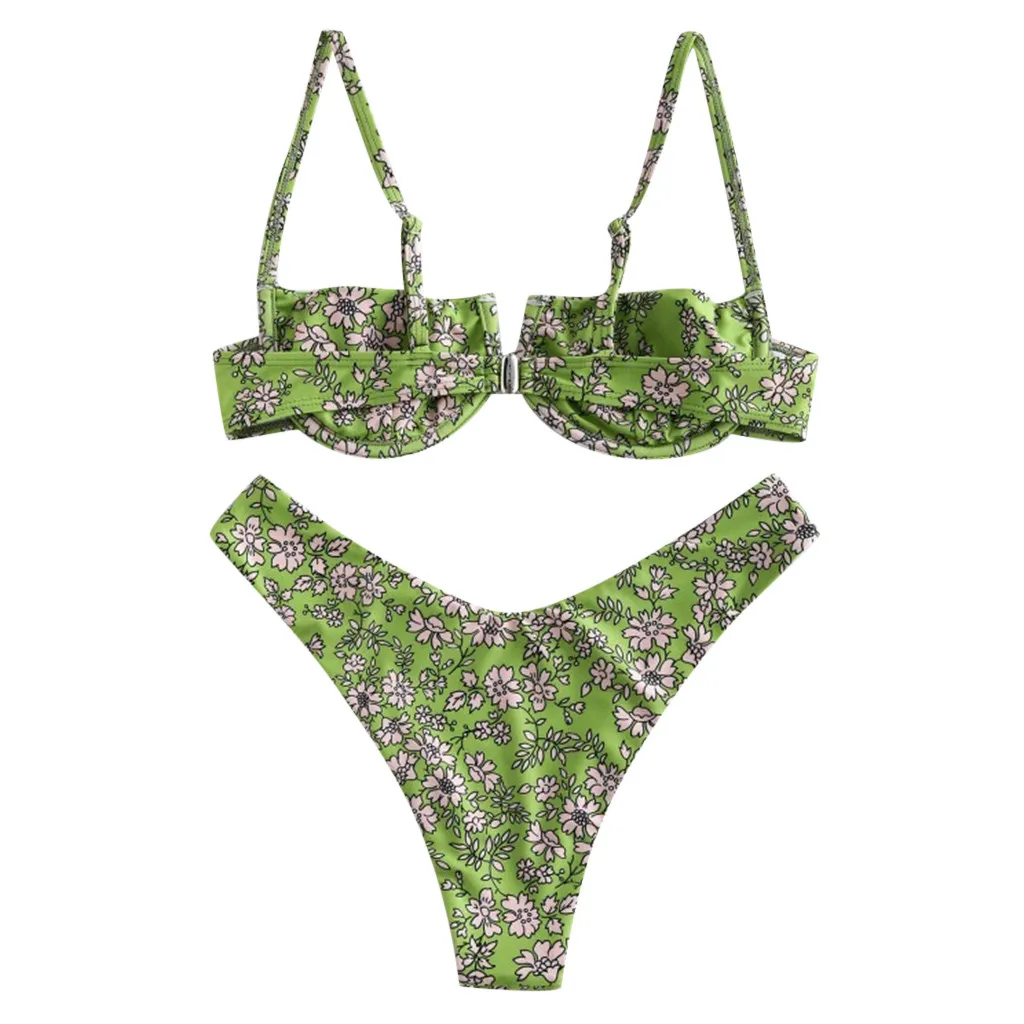 

Cut High Wired V Printed Swimsuit Flower Bikini Women Swimwear Beachwear Swimwears Tankinis Set Swimwears tankinis sexy swimsuit