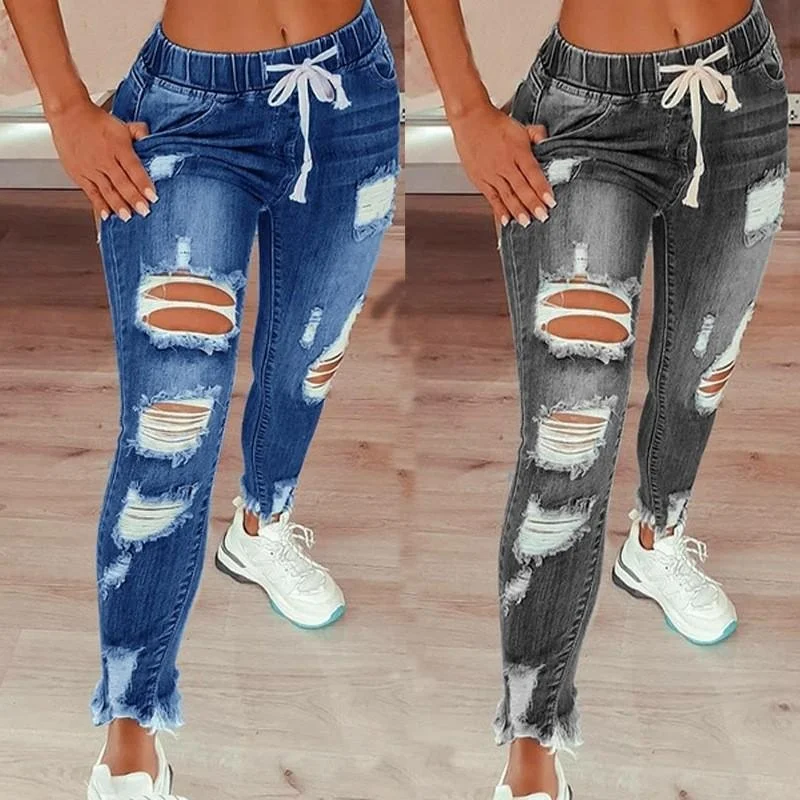 Women's Jeans Elastic Waist High Waist Ripped Jeans Slim Lace-up Pants Denim Pants Stretch Ripped Skinny Denim Jeans for Female