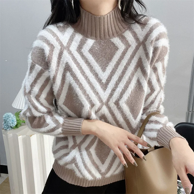 

Sweater women's loose and versatile thickened warmth autumn and winter imitation mink velvet diamond check bottoming top