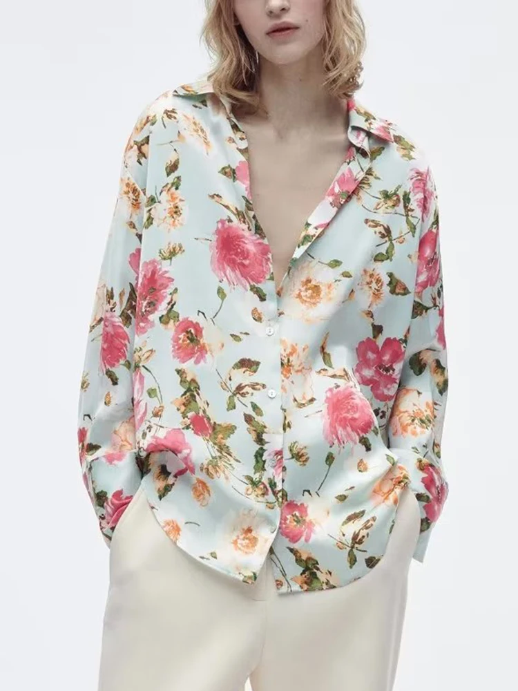 

Блузка Женская атласная Асимметричная с цветочным принтом и длинным рукавом