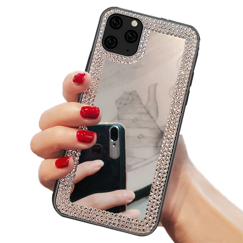 

Rhinestone Bezel Cosmetic Mirror Phone Shockproof Case For Iphone 11 12 13 14 Pro Max 8 7 Plus Se 13Mini Lens Protection Case