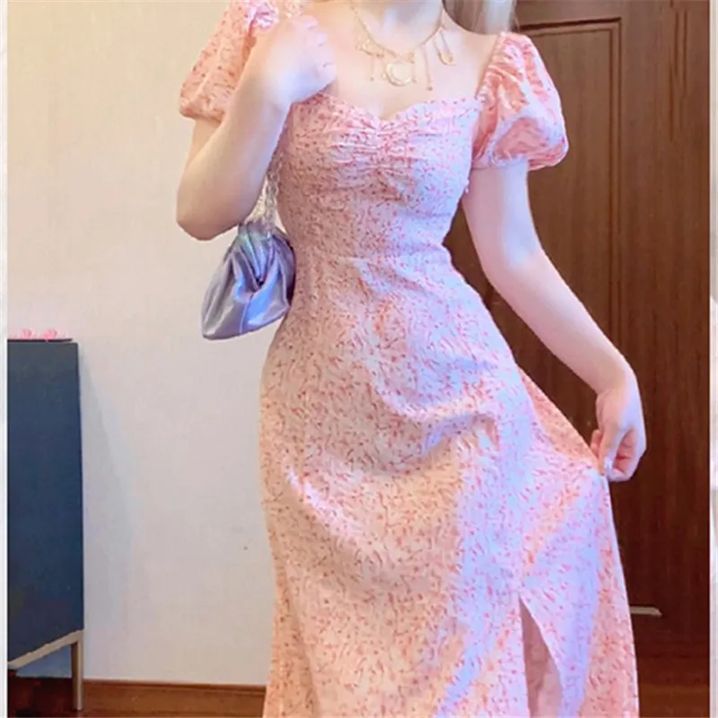 

French floral short-sleeved dress female summer 2023 square collar bubble sleeve waist slim temperament long skirt