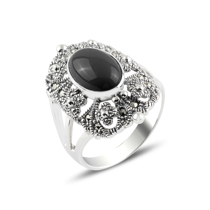 

Silver 925 Sterling Onyx & Marcasite Ring