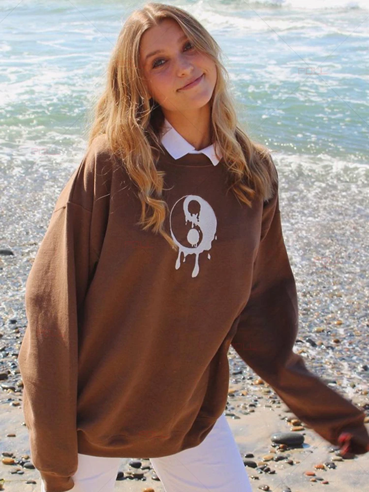 

Jyate Casual Printed Sweatshirt Women Fashion Long Sleeve Loose Hoodies Streetwear 2023 Autumn Winter New Lady O Neck Pullovers