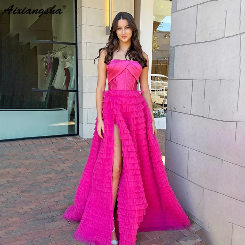

Aixiangsha Pleat A-line Strapless Sleeveless Prom Dress Evening Dress Split Tulle Custom For Women 2023 Formal Occasion Dresses