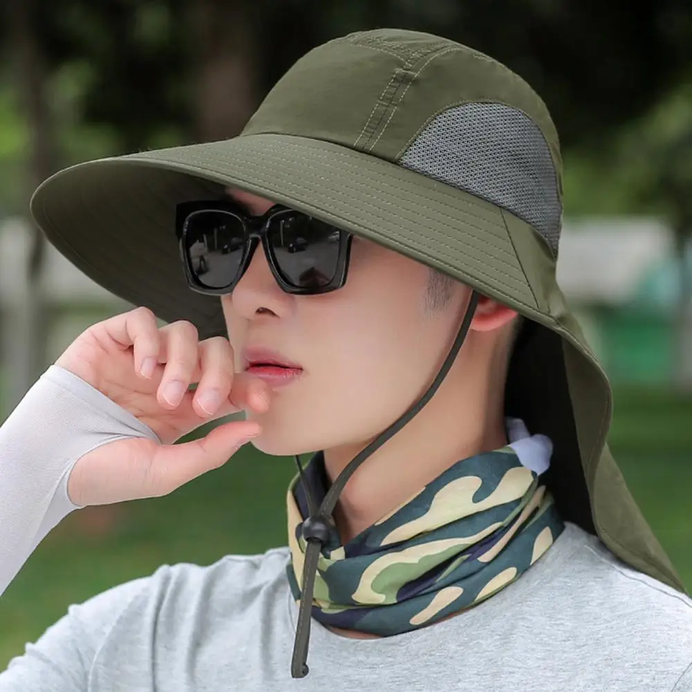 

Summer Enlarged Widened Brim Fisherman Hat Shawl Design Adjustable Rope Outdoor Hiking Hat Unisex Breathable Mesh Patchwork Hat