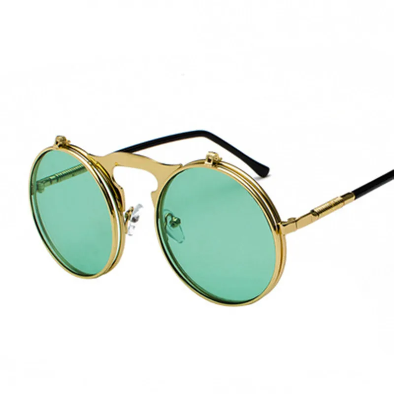 

Retro Round Frame Metal Steampunk Flip Cover Male Sunglasses Flip Goggles Female Style Hipster Glasses Gafas De Sol Ocean color