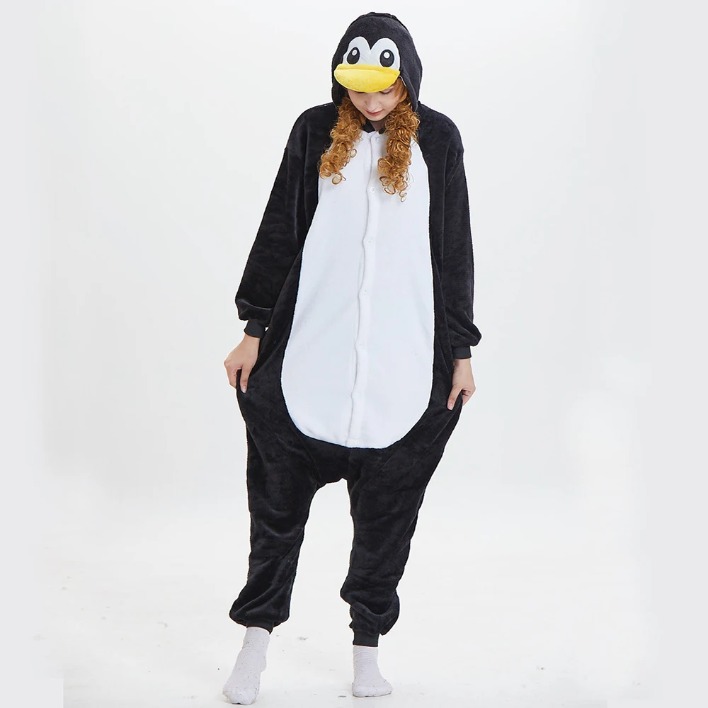 Kigurumi Black Penguin Flannel Onesie Adult Animal One-piece Pajamas Cosplay Homewear Sleepwear Jumpsuit Costume for Women Men