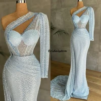 sparkly light blue sequin prom dresses sexy one shoulder mermaid evening gown open neck long formal party second reception guest