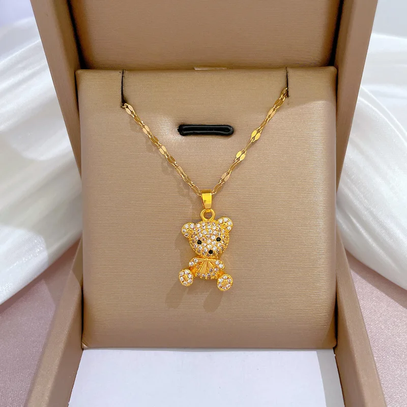 

New 316L Stainless Steel Romantic Sweet 3D Geometric Crystal Bear Necklace For Elegant Women Female Chains Jewelry Accseeories