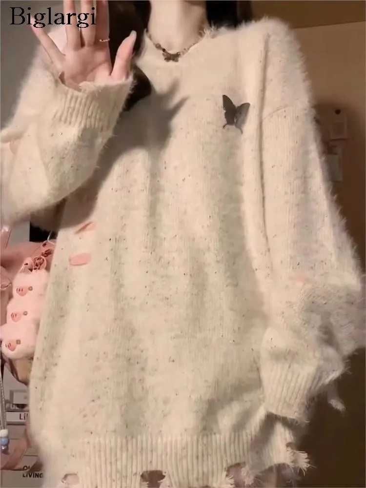 

Knitted Furry Autumn Winter Pullover Sweater Tops Women Modis Print Korean Loose Ladies Sweaters Long Sleeve Woman Sweater 2023