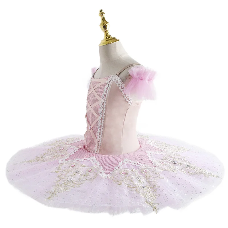 Розовая детская бальная одежда балетное платье-пачка с блестками и цветами для