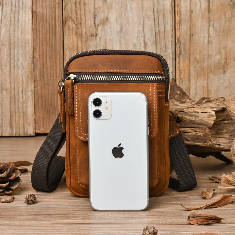 Men Retro Crazy horse Leather Waist Bag Male Real Cowhide Leather Belt Waist Packs for Phone Men's Fanny Crossbody Shoulder Bag