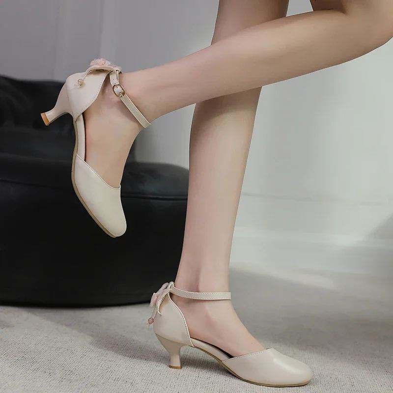 Женские босоножки с бантом-бабочкой белые бежевые или Розовые на высоком каблуке