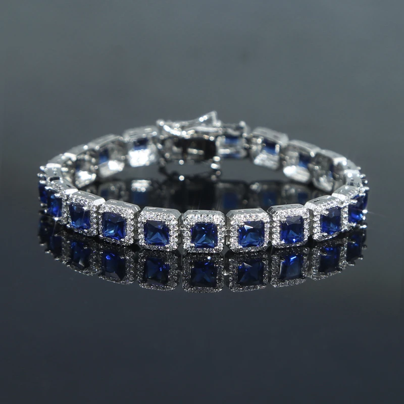 

Геометрический синий белый кубический цирконий 5А квадратный кубический цирконий цепочка для тенниса Классический Модный женский украшен...