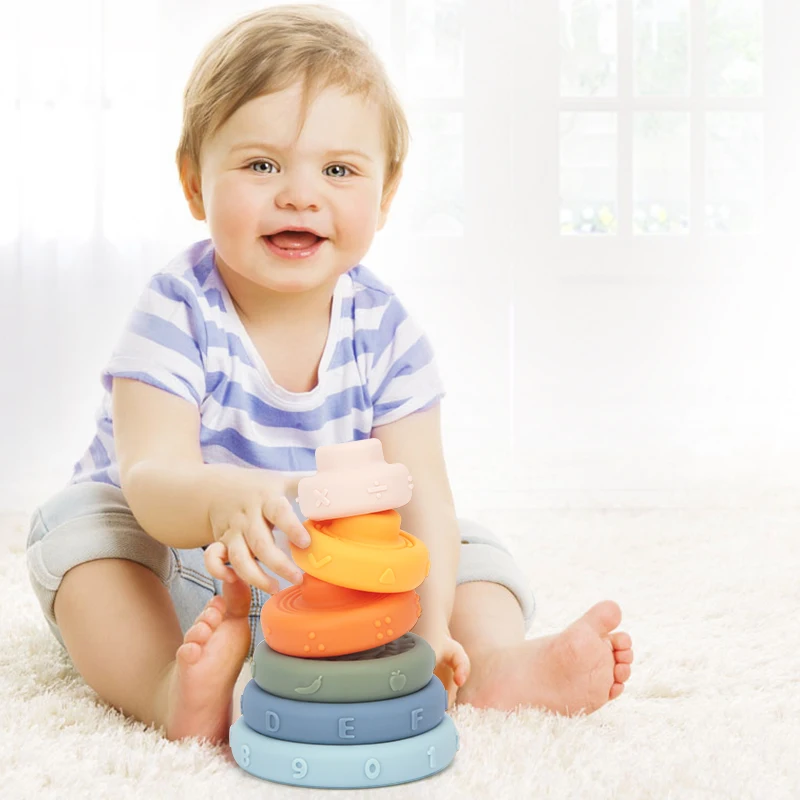 

Игрушки Монтессори для младенцев 1 год Силиконовые Блоки для младенцев 0 12 месяцев штабелируемые строительные блоки кубик для младенцев гры...