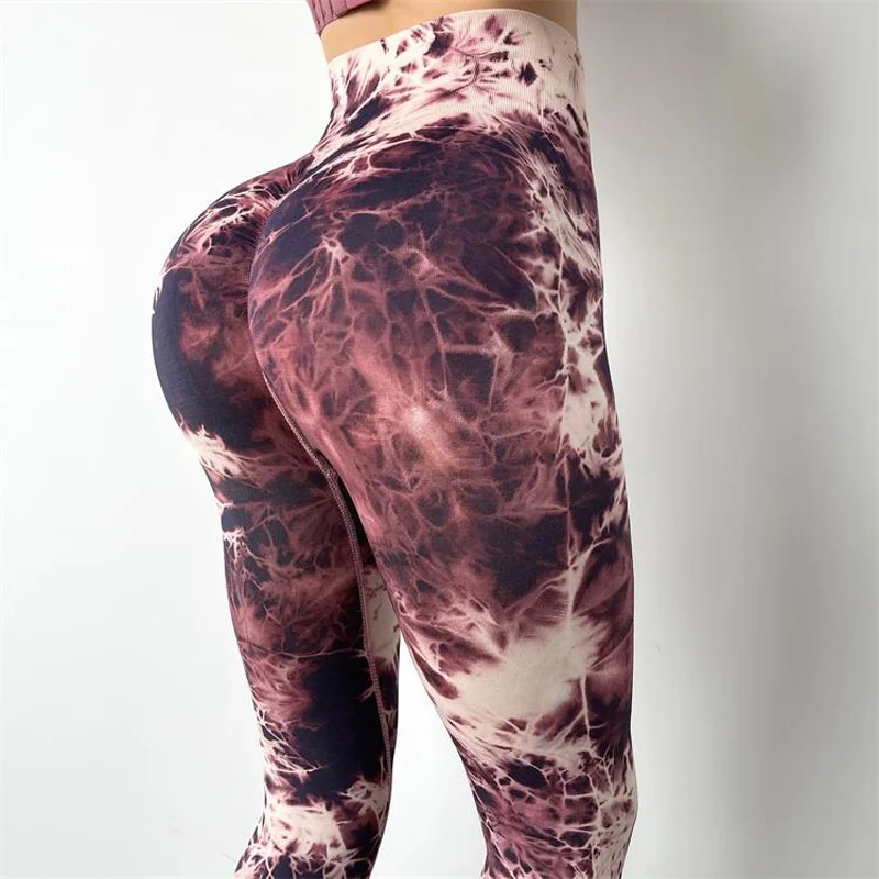 Tie Dye Seamless Yoga Pants Sports Fitness High Waist Peach Hip-lifting Knitted Tights Trousers Workout Gym Leggings for Women
