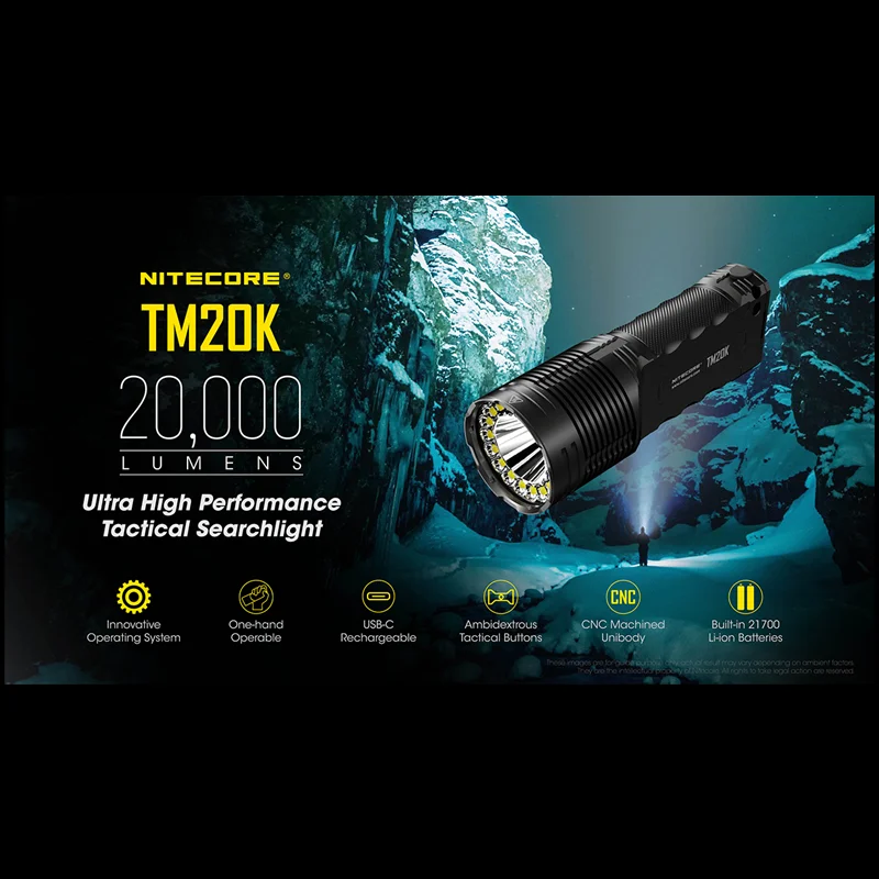 Pаспродажа Тактический фонарик NITECORE TM20K, 20000 люмен, 19 светодиодов CREE, USB, перезаряжаемый, встроенный аккумулятор, прожектор