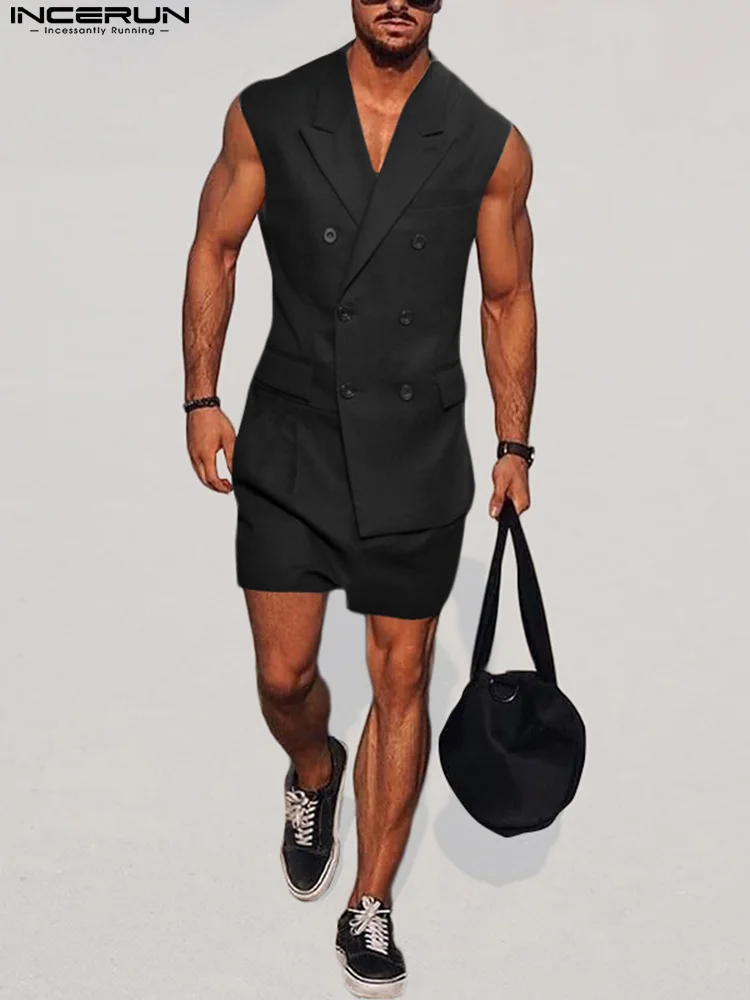 

INCERUN Men Rompers Solid Lapel Sleeveless Double Breasted Streetwear Fashion Elegant Casual Jumpsuits Men 2022 Overalls S-5XL 7