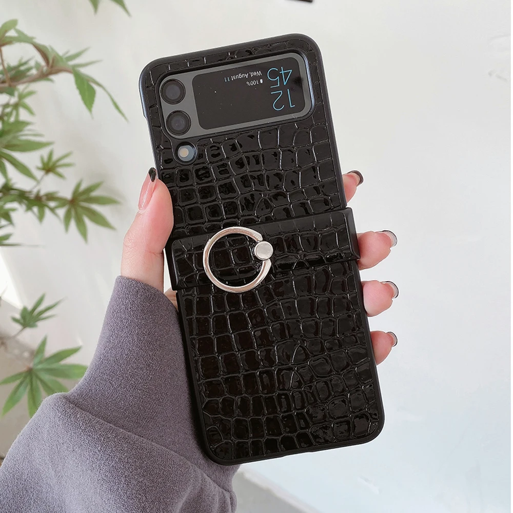 For Samsung Galaxy Z Flip 3 4 Holder Phone Case Crocodile Textur Soft-Touch Back Cover Shell ZFlip4 Leather Coque with Ring
