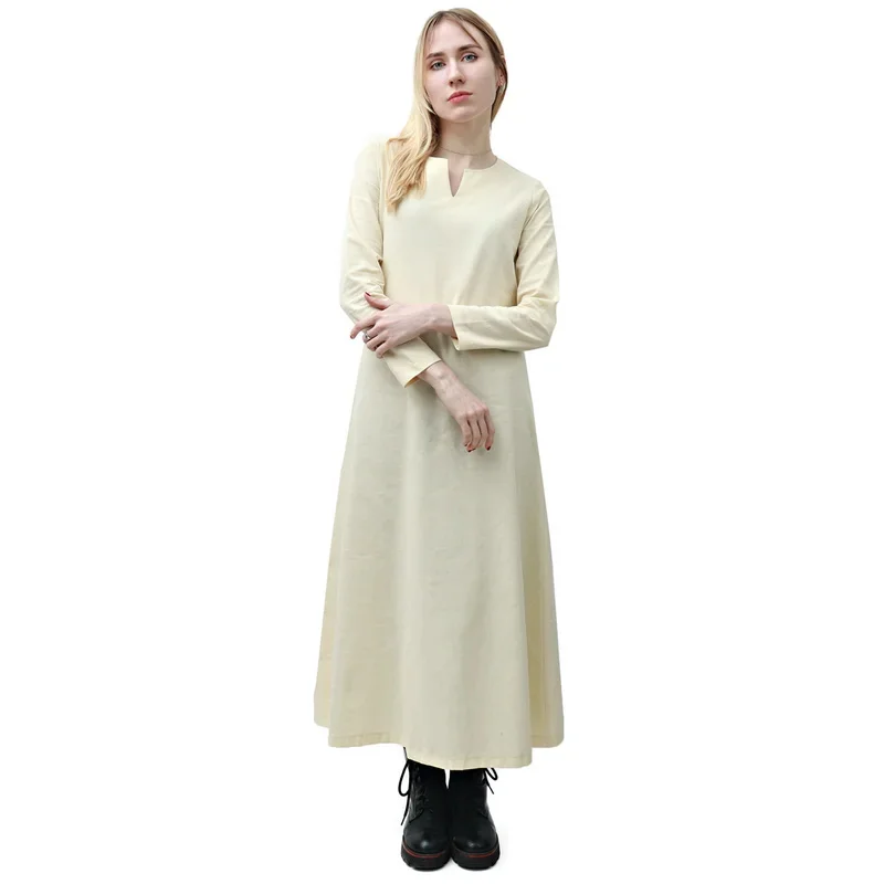 Женское платье макси в стиле викингов однотонное Бежевое льняное ретро для