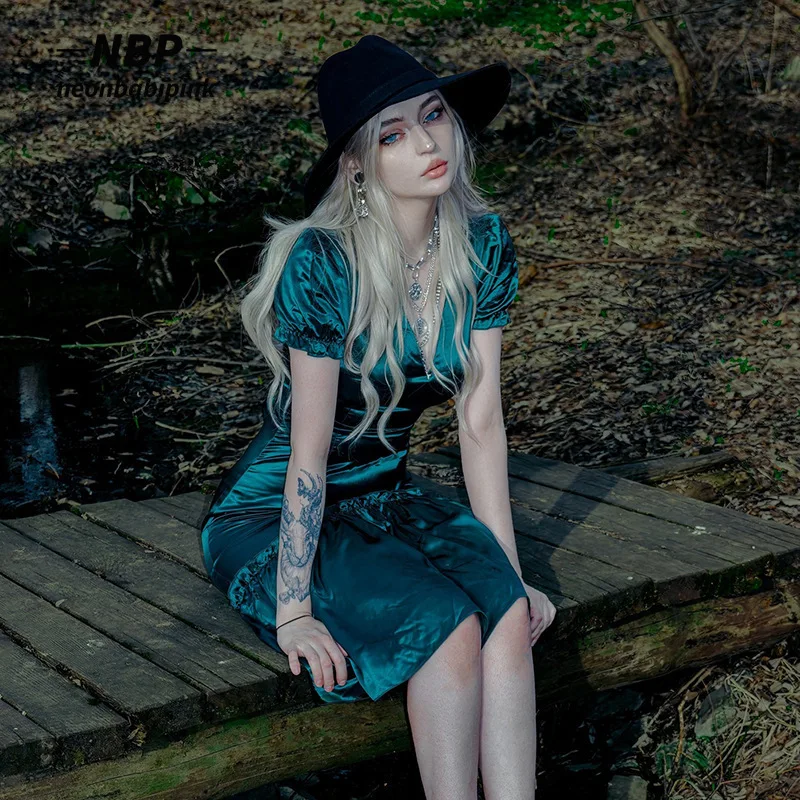 

NEONBABIPINK Y2k сказочное гранж зеленое атласное летнее платье для женщин 2022 с пышными рукавами оборками трапециевидные мини-платья винтажная од...