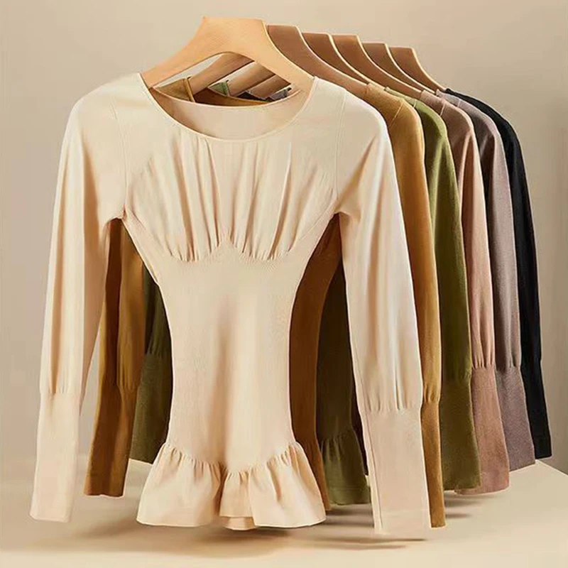 2022 Autumn Winter Womens High Elasticity Thermal Underwear Set Basic Pullover Intimate Long Sleeves Classic O Neck Body Shaper