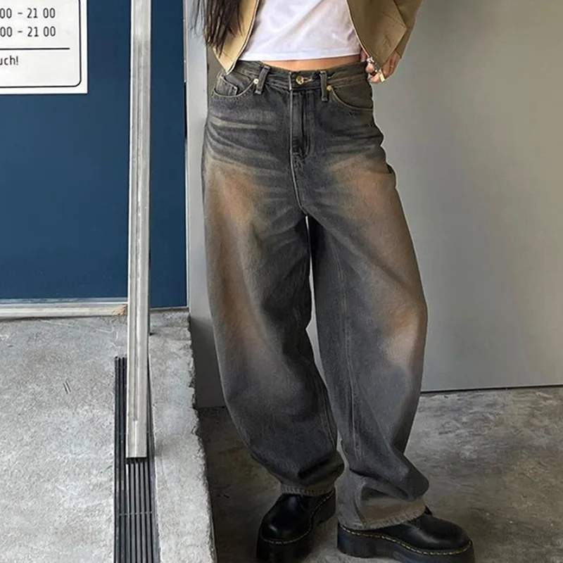 

2023Casual slim jeans,American style washed and made old jeans for women new loose drape leg long straight pants low waist casu