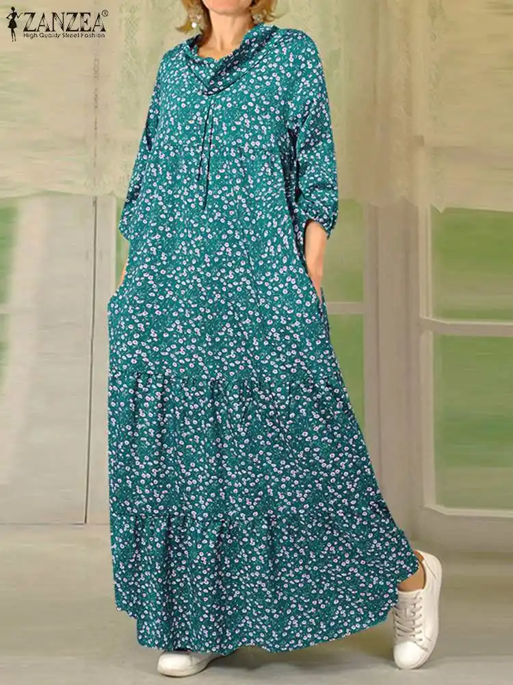 

ZANZEA Fashion Tiered Maxi Dress Bohemian Casual Loose Floral Print Pile Neck Vestidos 3/4 Sleeve Holiday Women 2023 Long Robes