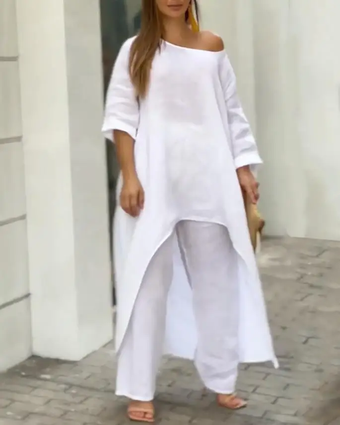 

2023 Fashion New Women's Plain Color Asymmetric Top and Casual Pants Set