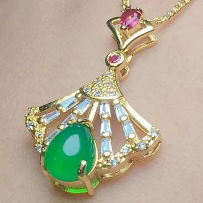 

Natural Green Jade Pendant With Zircon Ruby Fashion Charms Jewellery Women Chrysoprase Necklace Jades Stone Lucky Amulet Gift